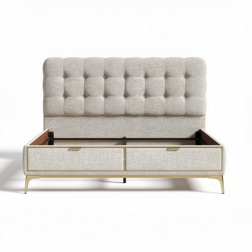Bed met gestoffeerd hoofdbord en opbergruimte 200 x 160 x 100cm beige