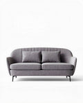 Grijs stoffen bank met extra kussens en afmetingen van 175 x 80 x 85cm