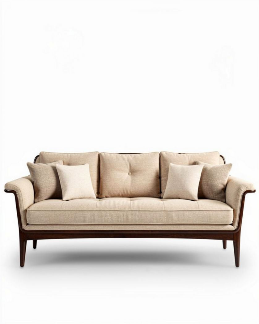 Bank van licht beige stof met houten poten en kussens 180 x 80 x 85cm