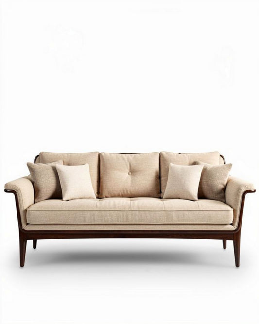 Bank van licht beige stof met houten poten en kussens 180 x 80 x 85cm
