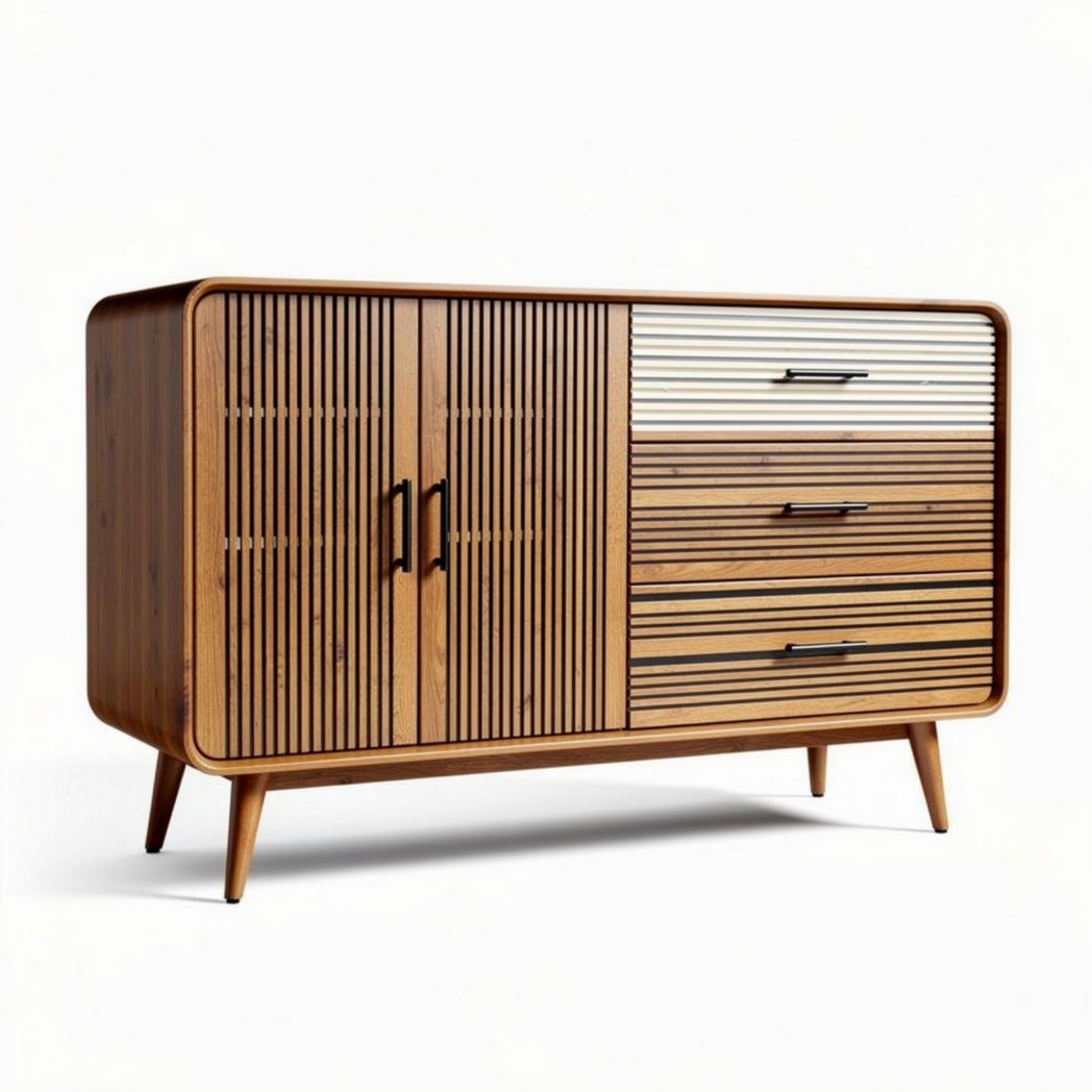 houten commode met louvredeuren en zes lades 150 x 45 x 75 cm