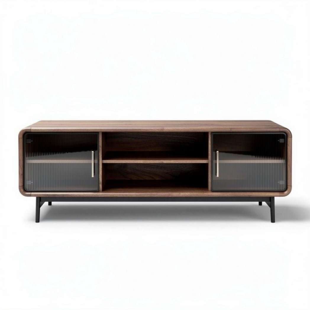 Lage kast van hout met glazen deuren en open planken 150 x 40 x 50cm