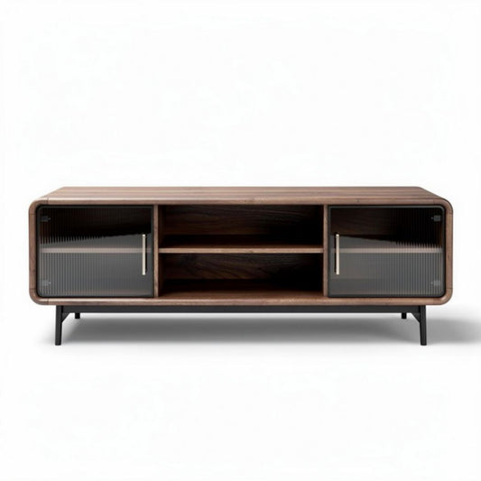 Lage kast van hout met glazen deuren en open planken 150 x 40 x 50cm