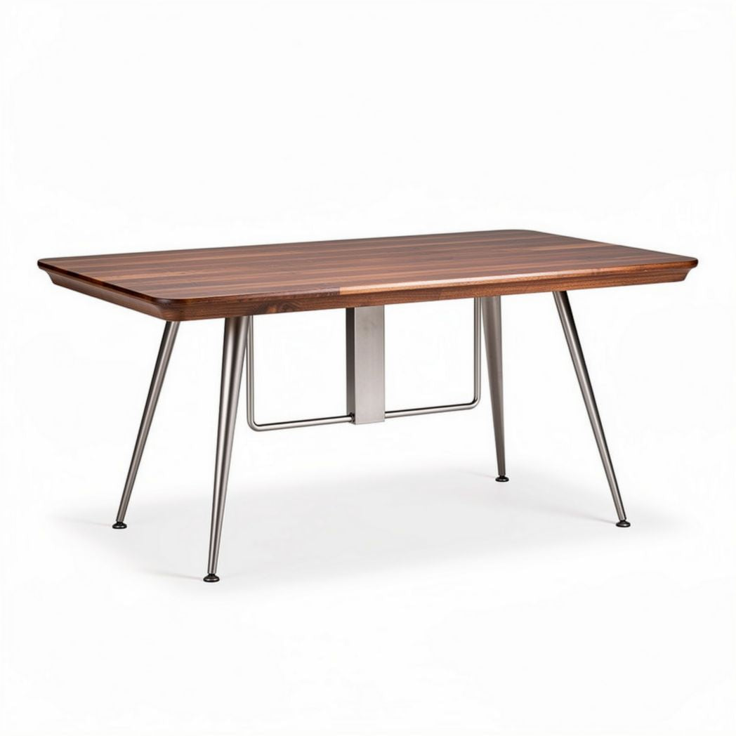 Eetkamertafel van walnotenhout met roestvrijstalen poten 150 x 75 x 75cm