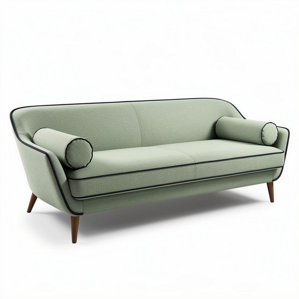 Bank in groen stof met kussens en houten poten 180 x 80 x 75cm