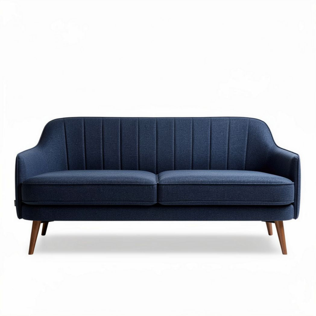 Blauw stoffen bank met twee zitplaatsen en houten poten 180 x 80 x 85cm